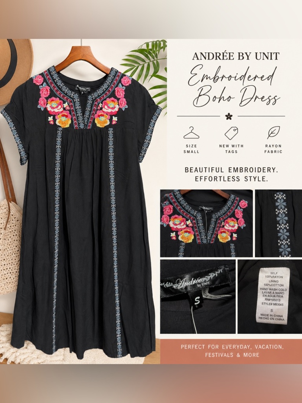 Andrée by Unit Embroidered Boho Dress Black Floral Mini Tunic Rayon Size S NW